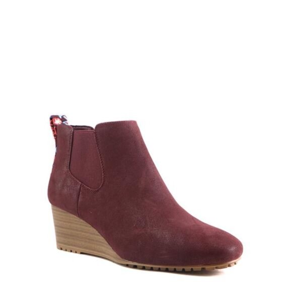 Shoes - Women's Burgundy Wedge Bootie - Slip-On Style, Rounded Toe, 2.5" Heel